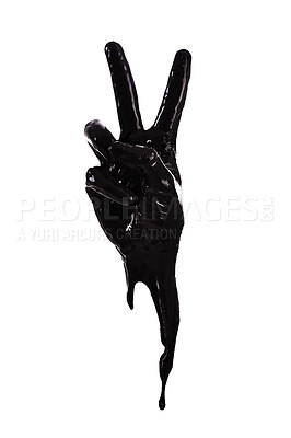 Buy stock photo Animation of painted peace sign hand against a white background signifying harmony and freedom of speech, used as an anti war symbol. Black art paint outlining a hand making a peace sign gesture.