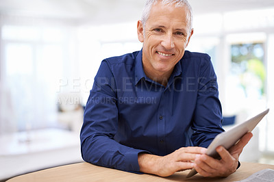 Buy stock photo Tablet, search and portrait of senior man in house streaming, reading or ebook sign up. Face, smile or elderly male person with digital, app or online for google it, internet or subscription service