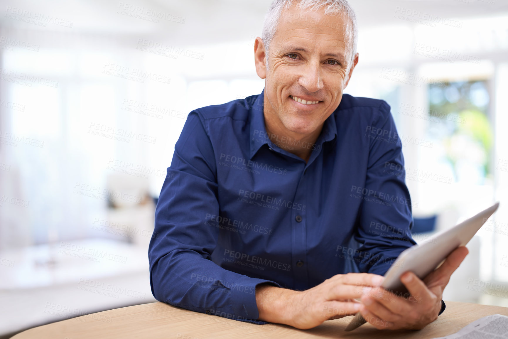 Buy stock photo Tablet, search and portrait of senior man in house streaming, reading or ebook sign up. Face, smile or elderly male person with digital, app or online for google it, internet or subscription service