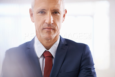 Buy stock photo Serious, portrait and mature businessman, ceo or senior manager at corporate startup office. Opportunity, confidence and face of business owner, boss or entrepreneur at professional agency with pride