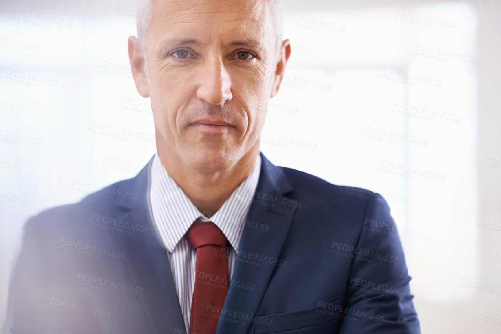 Buy stock photo Serious, portrait and mature businessman, ceo or senior manager at corporate startup office. Opportunity, confidence and face of business owner, boss or entrepreneur at professional agency with pride