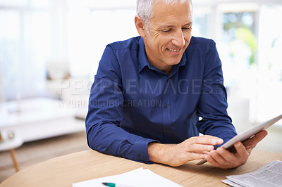 Buy stock photo Remote work, paper or happy senior man with tablet in home office for research, planning or communication. Financial, documents or old freelance male accountant with digital, app for investment check