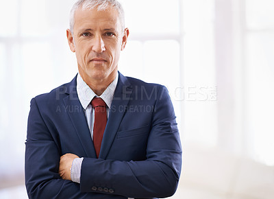 Buy stock photo Crossed arms, serious and portrait of business man with confidence for career, job and working. Professional, startup agency and senior person in office for company pride, mindset and attitude