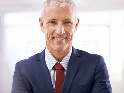 Buy stock photo Smile, portrait and mature businessman, politician or senior manager at government office. Leadership, confidence and happy face of business owner, professional or entrepreneur at agency with pride