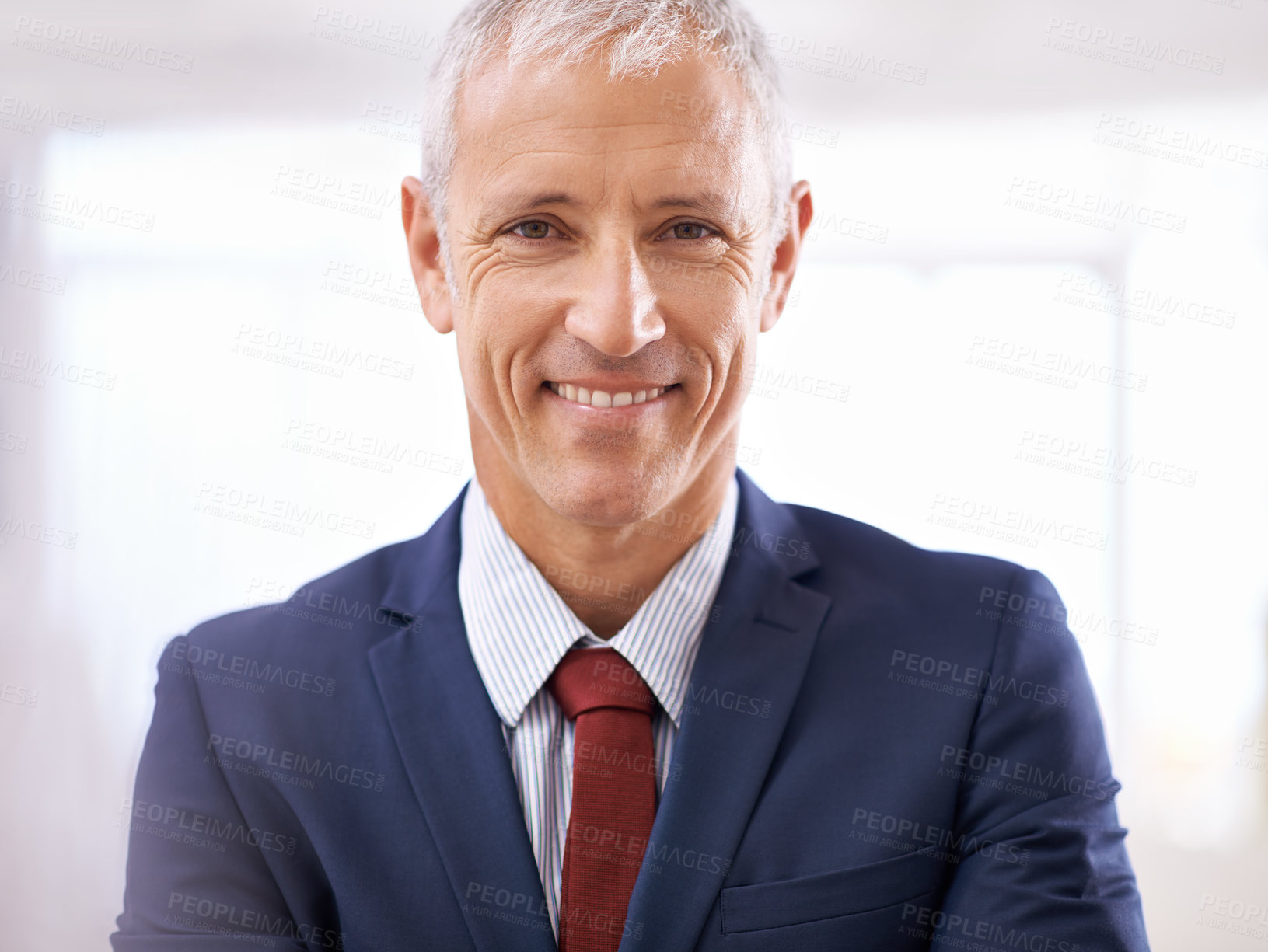 Buy stock photo Smile, portrait and mature businessman, politician or senior manager at government office. Leadership, confidence and happy face of business owner, professional or entrepreneur at agency with pride