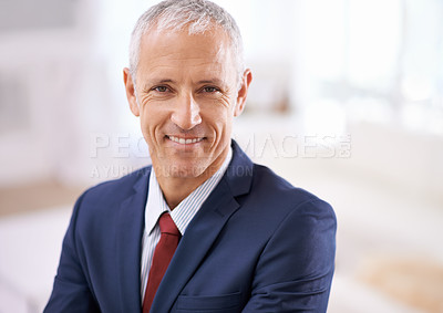 Buy stock photo Smile, portrait and mature businessman, boss or senior manager at corporate startup office. Relax, confidence and happy face of business owner, CEO or entrepreneur at professional agency with pride