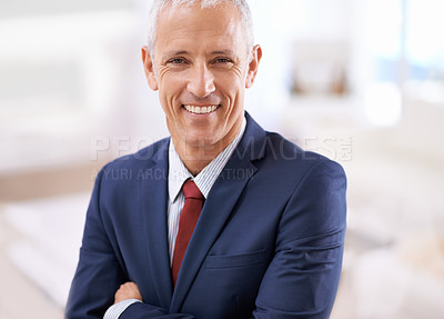 Buy stock photo Confidence, portrait and mature businessman, ceo or senior manager at corporate startup office. Leader, smile and happy face of business owner, boss or entrepreneur at professional agency with pride