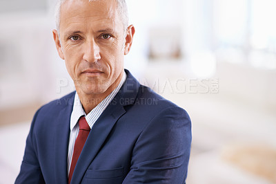 Buy stock photo Office, portrait and mature businessman, serious ceo or senior manager at corporate startup. Mockup space, confident and face of business owner, boss or entrepreneur at professional agency with pride