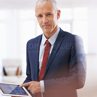 Buy stock photo Portrait, tablet screen or senior businessman with hand pointing to graph, chart or statistics. Finance, face or accountant show digital timeline app, budget or investment, research or data analytics