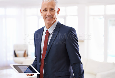 Buy stock photo Portrait, investment and economy with man, tablet or business with internet or finance with accountant. Face, employee or broker with tech or charts with company profit or startup with trading or app