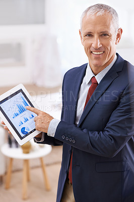 Buy stock photo Portrait, graphs and screen with man, tablet and business with internet and accountant with investment. Face, employee and broker with technology or charts with company profit or startup with economy