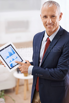 Buy stock photo Portrait, graphs and screen with accountant, tablet and business with internet and economy with investment. Face, man and broker with technology or charts with company profit or startup with trading