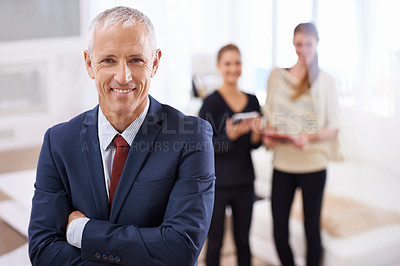 Buy stock photo Crossed arms, team and portrait of business man with confidence for career, job and working. Professional, startup agency and senior person in office for company pride, smile and positive attitude