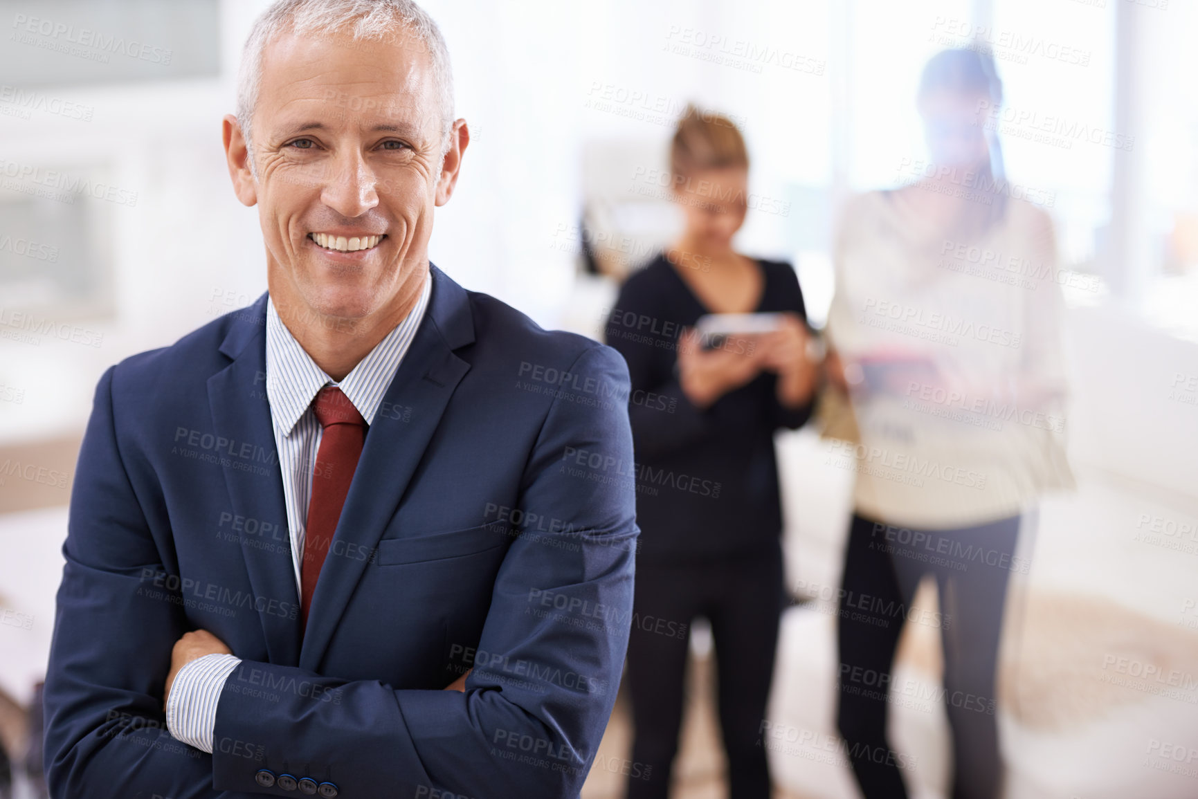 Buy stock photo Crossed arms, office and portrait of business man with confidence for career, job and working. Professional, startup agency and senior person with team for company pride, smile and positive attitude