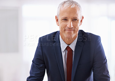 Buy stock photo Smile, face and mature businessman, ceo or senior manager at corporate startup office with mockup. Relax, confidence and business owner, boss or happy entrepreneur at professional agency with pride