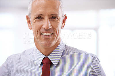 Buy stock photo Leadership, portrait and mature businessman, director or senior manager at corporate startup office. Smile, confident or face of business owner, boss or entrepreneur at professional agency with pride