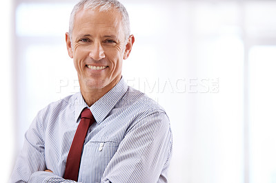 Buy stock photo Smile, portrait and mature businessman with arms crossed, ceo or senior manager at startup office. Relax, confidence and face of business owner, boss or entrepreneur at professional agency with pride