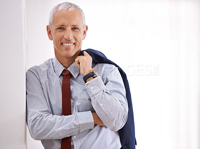 Buy stock photo Portrait, senior or happy businessman in office with jacket, fashion and corporate, style or confidence. Smile, face or elderly male ceo at startup with positive mindset, cool or smart outfit choice