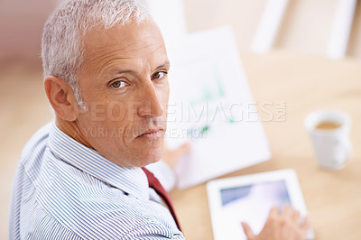 Buy stock photo Business, portrait and senior man with tablet, documents or financial, budget or savings review in office from above. Finance, paper or face of old male data analyst with digital, investment or check
