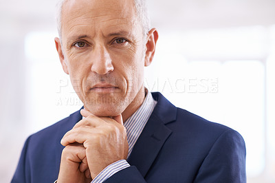 Buy stock photo Thinking, portrait and senior businessman in office with idea, planning or problem solving insight. Face, vision or elderly male entrepreneur with why, questions or brainstorming recruitment solution