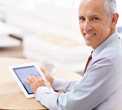 Buy stock photo Closeup, professional and accountant with man, tablet and business with company profit and economy with investment. Digital app, employee and broker with technology or charts with finance and startup
