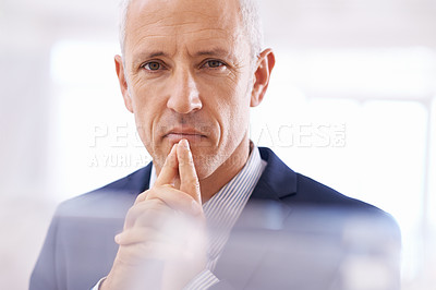 Buy stock photo Portrait, thinking and senior businessman in office with idea, planning or problem solving insight. Face, vision or elderly male entrepreneur with why, questions or brainstorming recruitment solution