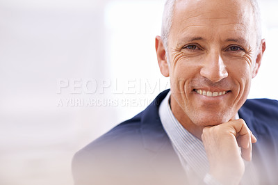 Buy stock photo Senior, portrait and happy businessman in office with career, goal or company pride with mockup. Face, space and elderly male executive smile with positive mindset, confidence or relax good mood