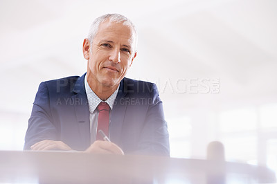 Buy stock photo Business, portrait and senior man writing in office for planning, brainstorming or mind map. Face, checklist and elderly male creative director with notes for project, proposal or startup management