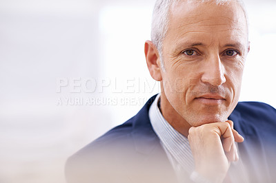 Buy stock photo Portrait, senior businessman and thinking in office for idea, planning or problem solving insight. Face, vision or elderly male entrepreneur with why, questions or brainstorming recruitment solution