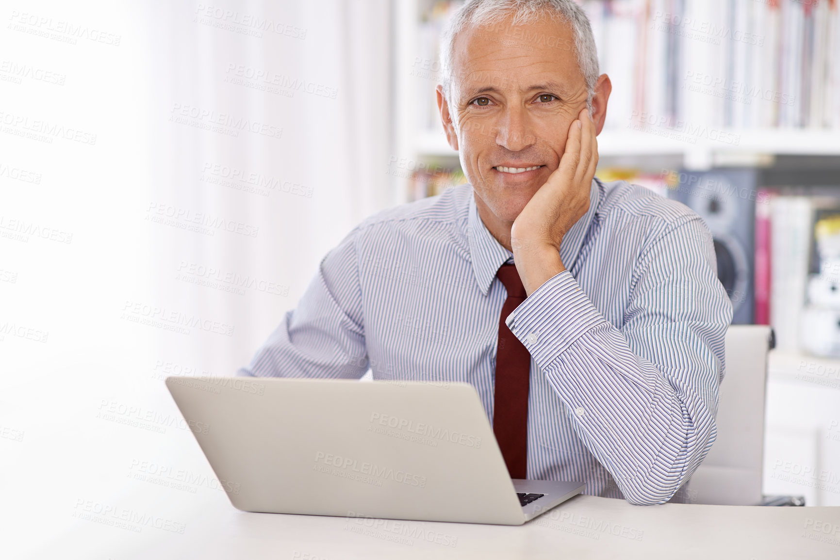 Buy stock photo Laptop, portrait and happy senior businessman in office planning or checking email, review or social media feedback. Face, smile or old male executive with pc for online, research or communication