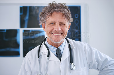 Buy stock photo Senior man, doctor and happy portrait in office for healthcare, medical support and medicine career with stethoscope. Mature, face and health expert with smile or confidence for radiology in clinic