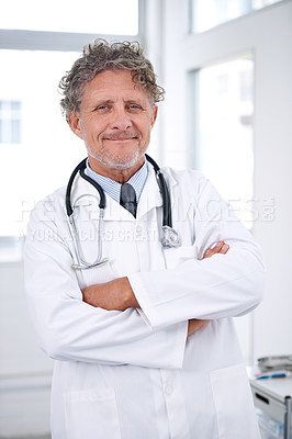 Buy stock photo Senior man, doctor and portrait with arms crossed in office for healthcare, medical support and medicine career. Mature, face and health expert with smile or confidence with stethoscope in hospital