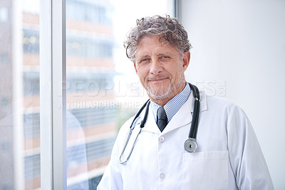 Buy stock photo Mature man, doctor and happy portrait in office for healthcare, medical support and medicine career with stethoscope. Senior, face and health expert with smile or confidence for radiology in clinic