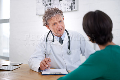 Buy stock photo Medical, consultation and mature doctor with a checklist for healthcare, insurance or results of test. Clinic, patient and man in discussion of surgery or exam and professional paperwork for hospital