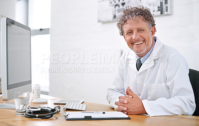 Buy stock photo Senior man, doctor and smile portrait in office for healthcare, medical support and medicine career for administration. Mature, face or health expert with confidence or happy for cardiology in clinic