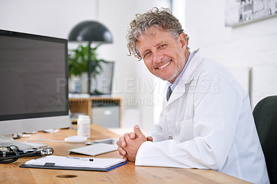 Buy stock photo Mature man, doctor and smile portrait in office for healthcare, medical support and medicine career for administration. Senior, face or health expert with confidence or happy for cardiology in clinic