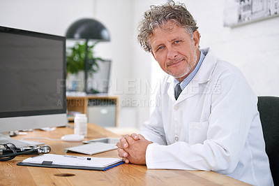 Buy stock photo Senior man, doctor and happy portrait in office for healthcare, medical support and medicine career for administration. Mature, face or health expert with confidence or smile for cardiology in clinic