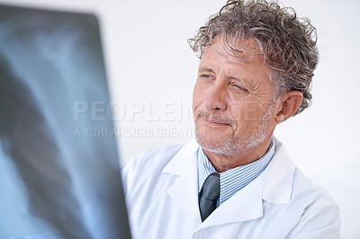 Buy stock photo Senior man, doctor and xray for healthcare, injury analysis and anatomy with radiology and happiness. Mature, face and health expert with smile for chest diagnosis or confidence for results in clinic