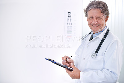 Buy stock photo Happy, optometrist and portrait of doctor in eye exam with a checklist for healthcare, insurance or results of test. Clinic, paperwork or man in hospital with question of information for document