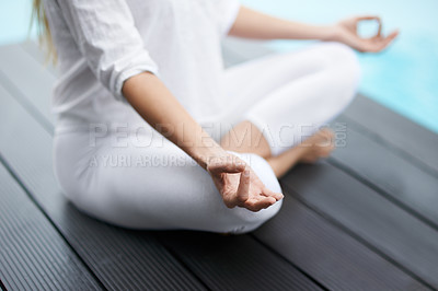 Buy stock photo Yoga, hands and woman in lotus pose for exercise outdoor for spiritual, mental and body wellness on patio. Balance, meditation and closeup of female person with pilates workout for peace, calm or zen