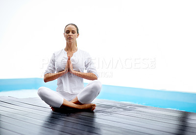 Buy stock photo Meditation, health and woman with exercise outdoor for spiritual, mental and body wellness on patio. Balance, yoga and female person in lotus pose with prayer hands for pilates workout for peace.