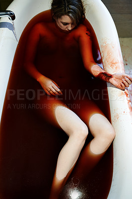 Buy stock photo Shot of a woman bleeding out in a bathtub