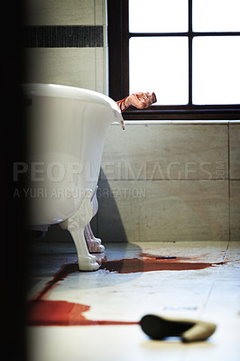 Buy stock photo Shot of a woman bleeding out in a bathtub