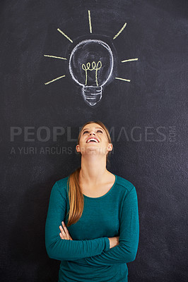 Buy stock photo Idea, thinking and happy woman with light bulb on chalkboard for inspiration, brainstorming and problem solving. Creative, question and person on background for solution, thoughtful and planning