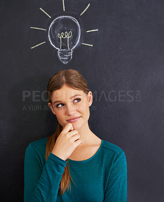 Buy stock photo Idea, thinking and woman with light bulb on chalkboard for inspiration, brainstorming and problem solving. Creative, question and person on background with icon for solution, thoughtful and planning