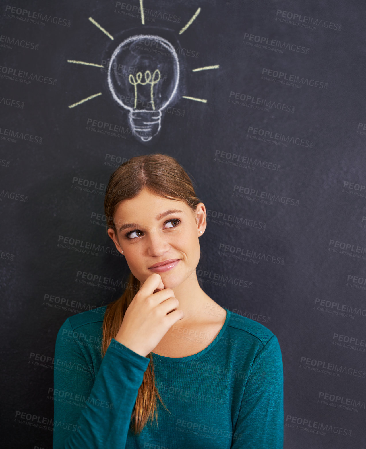 Buy stock photo Idea, thinking and woman with light bulb on chalkboard for inspiration, brainstorming and problem solving. Creative, question and person on background with icon for solution, thoughtful and planning