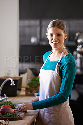 Buy stock photo Smile, cooking and woman with ingredients in kitchen cutting vegetables with knife at home. Happy, groceries and portrait of female person with produce for dinner, supper or meal at apartment.