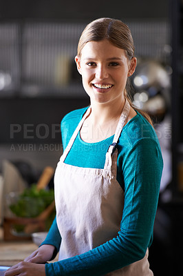 Buy stock photo Portrait, cooking and woman with ingredients in kitchen cutting food with knife at home. Happy, groceries and female person with organic produce for dinner, supper or meal at modern apartment.