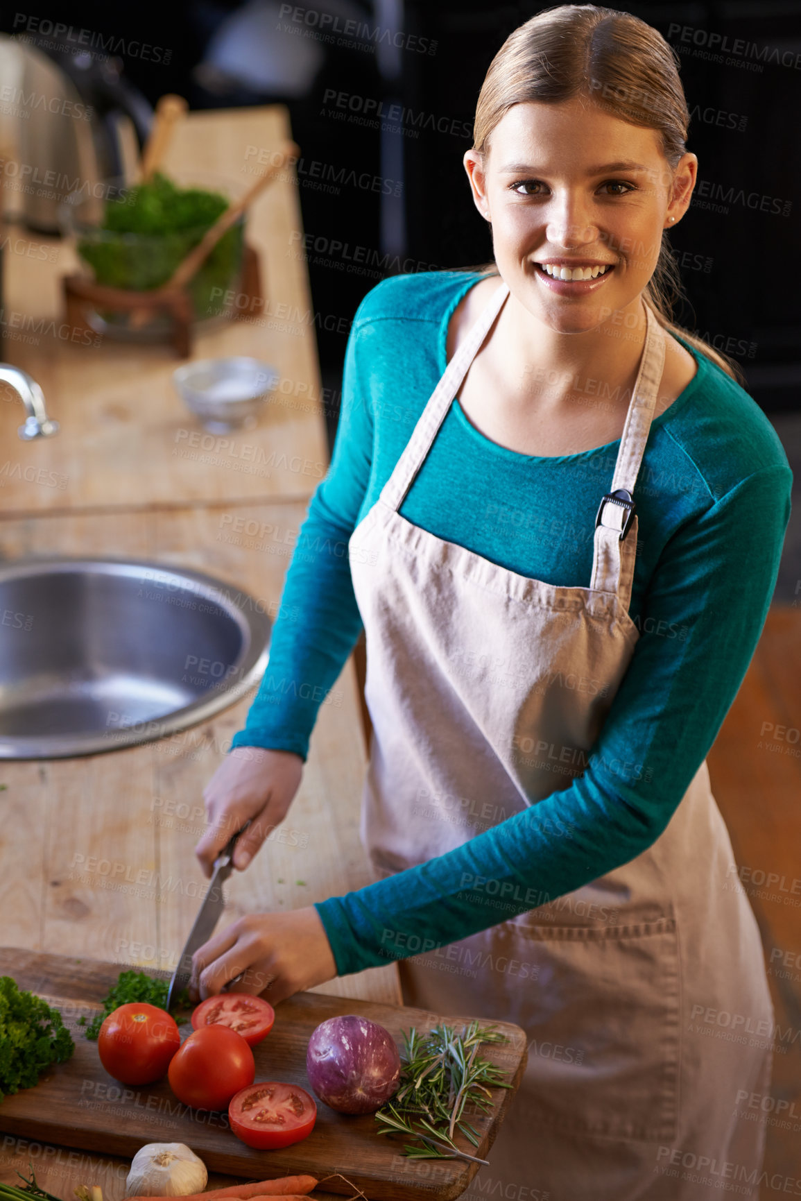 Buy stock photo Food, cooking and woman with vegetables in kitchen cutting ingredients with knife at home. Happy, groceries and portrait of female person with produce for dinner, supper or meal at apartment.