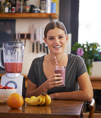 Buy stock photo Morning, kitchen and portrait of woman with smoothie for wellness, detox and healthy breakfast in home. Nutrition, food and person with vegetables, fruit and glass for drink, protein shake and juice